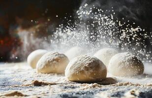 AI generated Freshly Made Dough Balls Dusted With Flour on a Wooden Surface photo