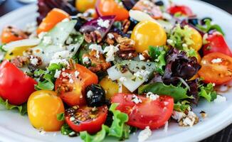 AI generated Fresh Garden Salad With Mixed Greens, Cherry Tomatoes, and Feta Cheese on a Sunny Day photo