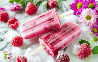 AI generated Vibrant Raspberry Ice Pops Arranged on Marble Background Surrounded by Fresh Berries and Flowers photo