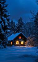 ai generado crepúsculo serenidad a un cubierto de nieve cabina en un invierno bosque foto