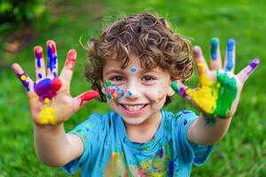 AI generated Colorful Paint on Hands and Face Outdoors in Summer photo