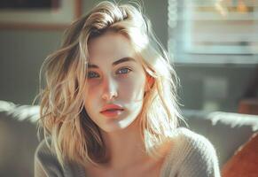 AI generated Serene Young Woman Bathed in Natural Light During a Relaxing Morning photo