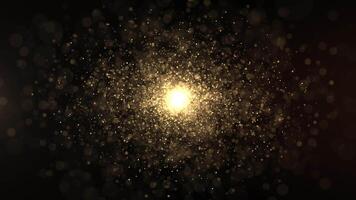 Abstract background of golden glitter particles. Beautiful bokeh and glowing dust. Luxurious golden particles move forward. seamless loop. video