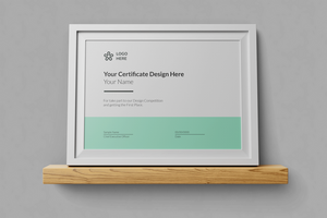 modern elegant a4 size paper landscape achievement certificate poster mockup design template with minimal frame on wooden shelf psd