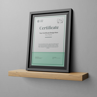 modern elegant a4 size paper vertical achievement certificate poster mockup design template with minimal frame on mounted display wooden shelf psd