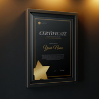 moderno minimalista a4 Tamanho papel vertical realização certificado realista brincar modelo com elegante quadro, Armação montado em parede dentro elegante interior psd