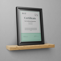 modern elegant a4 size paper vertical achievement certificate poster mockup design template with minimal frame on mounted display wooden shelf psd