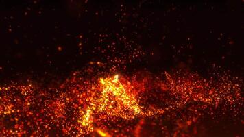 Orange magic particles began to move with wave energy. Flying sparks and coals from a fire. abstract glowing particles of burning fire and smoke on a black background, fire flares. Looping 3D video