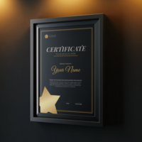 moderno minimalista a4 Tamanho papel vertical realização certificado realista brincar modelo com elegante quadro, Armação montado em parede dentro elegante interior psd