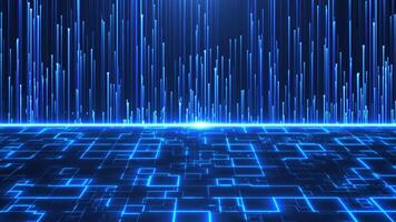 Abstract futuristic cyber world scene, sci-fi mesh, glowing technology surface, neon night scene, digital science background with bright neon lines going up. 4K animation, seamless loop. video