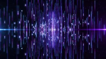 Abstract digital background with glowing neon lines and particles flying up and down. the movement of a stream of luminous bright stripes of particles or rays of light. Seamless loop background video