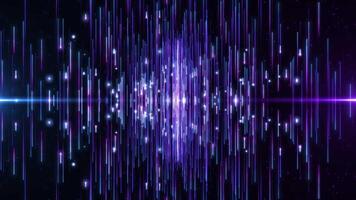 Abstract digital background with glowing neon lines and particles flying up and down. the movement of a stream of luminous bright stripes of particles or rays of light. Seamless loop background video