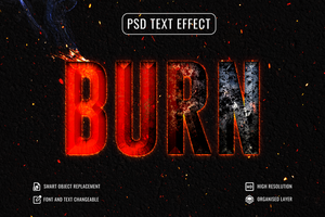 metallic burn text effect with fire spark psd