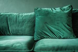 AI generated Green sofa with pillow. Soft emerald couch. Isolated background. photo