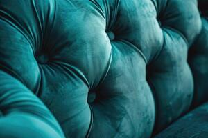 AI generated Close up of turquoise velvet sofa with button upholstery. photo