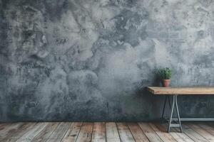 AI generated grey concrete wall wooden modern desk with wooden floor photo