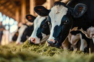 ai generado sano lechería vacas siendo alimentado en vacas granja granero foto