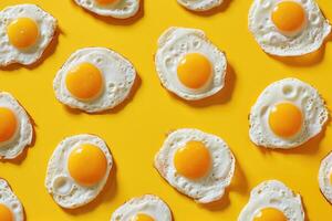 AI generated Creative art collage. Pattern of fried eggs on yellow background. photo