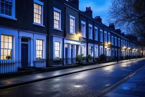 AI generated Illuminated houses brighten London streets at night. photo