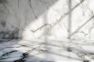 AI generated Marble table with white stucco wall texture background. photo