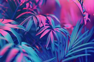 AI generated Vibrant tropical leaves in holographic neon colors. Surreal concept. photo
