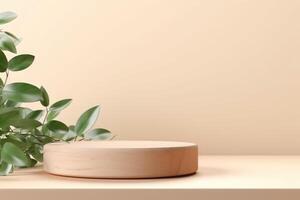 AI generated Minimal modern product display with wood podium and green leaves. photo