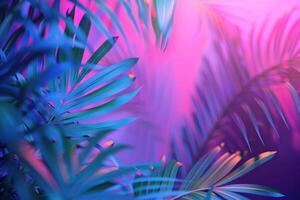 AI generated Vibrant tropical leaves in holographic neon colors. Surreal concept. photo