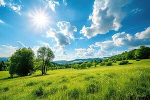 AI generated Meadows under blue sky with clouds. photo