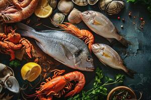 AI generated Panoramic shot of fish and seafood variety. photo