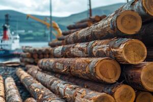 AI generated Timber trade in Wicklow port  Ireland. Transportation industry focus. photo