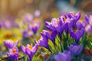 AI generated Purple Crocus Flowers in Spring. High quality photo