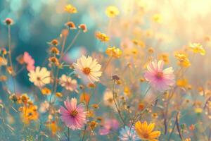 AI generated Colorful vintage autumn meadow flowers in fresh morning. photo