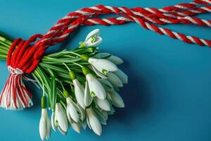 AI generated Spring themed postcard with snowdrops and tassel rope. photo