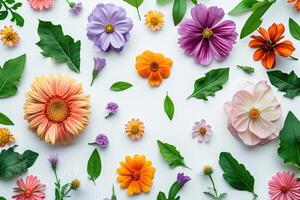 AI generated Floral layout with colorful spring flowers for greeting cards and decoration. photo