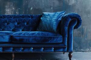 AI generated Blue velvet couch with a claw foot leg photo