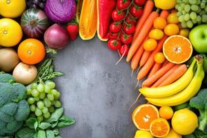 AI generated Panoramic food background with assortment of fresh organic fruits and vegetables in rainbow colors photo