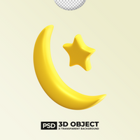 Crescent moon and star PSD 3d element of ramadan or ramadhan. Happy eid mubarak illustration. 3d realistic icon