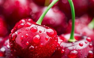 AI generated Fresh Dew-Kissed Cherries in Close-Up at a Farmers Market in Summer photo