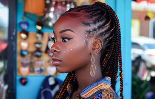 AI generated Young Woman With Braided Hair Posing Outside a Colorful Boutique photo