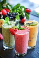 AI generated Trio of Fresh Fruit Smoothies Served on a Wooden Table at Daytime photo