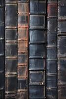 AI generated Antique Leather-Bound Books Lined Up on a Wooden Library Shelf photo