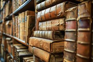 ai generado antiguo encuadernado en cuero libros forrado arriba en un de madera biblioteca estante foto