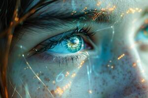 ai generado de cerca de un mujeres azul ojo con digital mejoras sugerencia tecnología integración foto