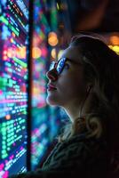 AI generated Young Female Software Engineer Engages in Late-Night Coding Session at High-Tech Office photo