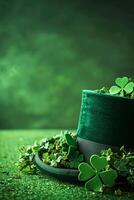 AI generated Festive Green Top Hat Surrounded by Clover Leaves Celebrating St. Patricks Day photo