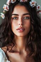 ai generado joven mujer adornado con un delicado floral corona posando en suave natural ligero foto