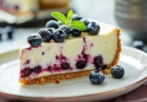 AI generated Slice of Blueberry Cheesecake With Fresh Berries on a White Plate, Elegantly Presented photo