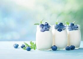 AI generated Fresh Blueberry Yogurt Served in Glass Jars on a Rustic Stone Table photo