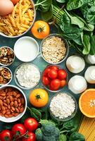 AI generated Assortment of Fresh Ingredients for Healthy Cooking on a Kitchen Table photo