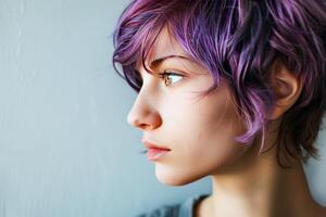 AI generated Smiling Young Woman With Purple Hair During Golden Hour Outdoors photo